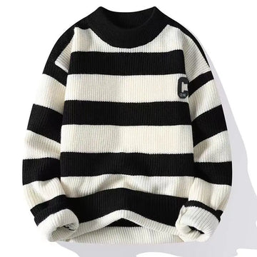 Autumn/Winter Men's Pullover Round Neck Loose Striped Contrast Letter Warm and Thick Casual Fashion Elegant Commuting Knitwear